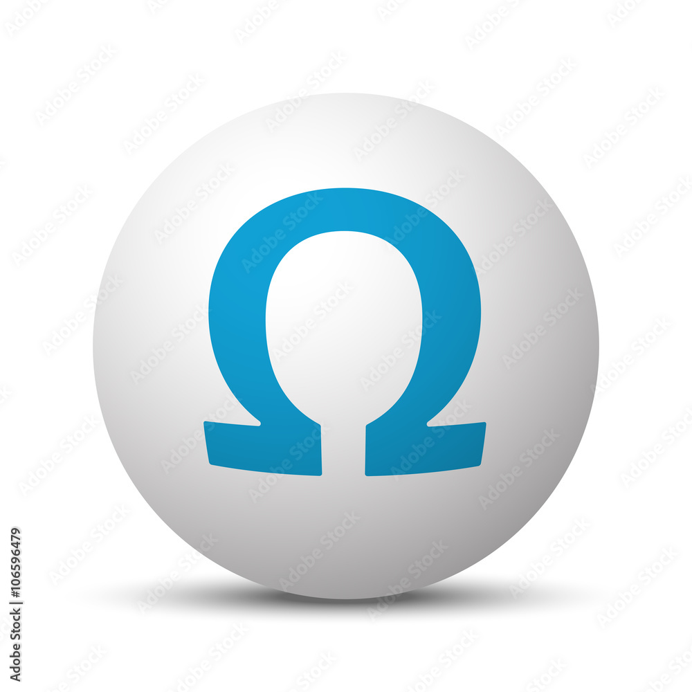 Blue Omega icon on sphere on white background Blue Omega icon on sphere on white background