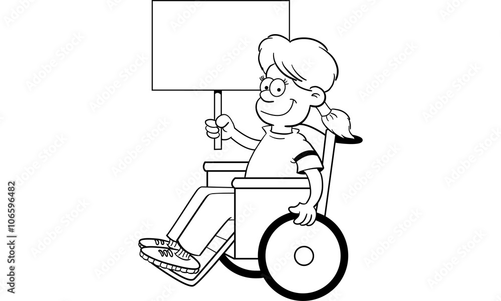 Black and white illustration of a girl in a wheelchair holding a sign.
