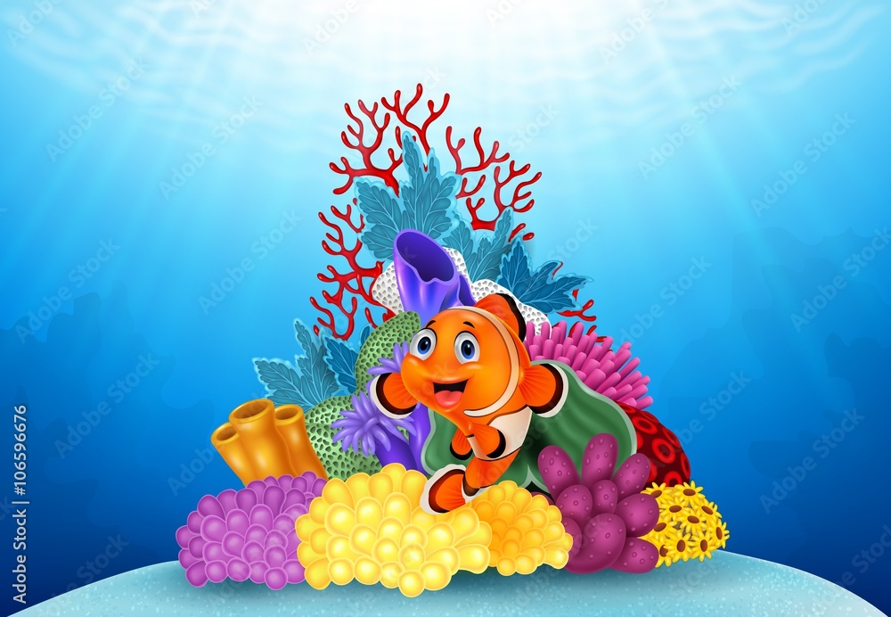 Happy clown fish and beautiful underwater world with corals