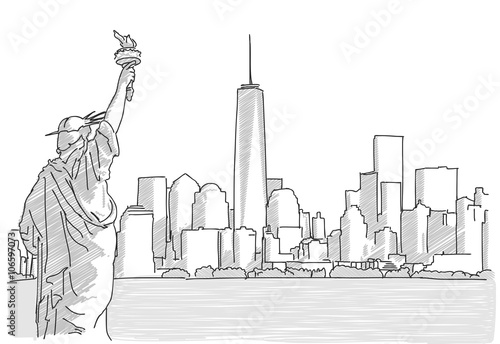 Free hand sketch of New York City Skyline with Statue of Liberty. Vector Drawing