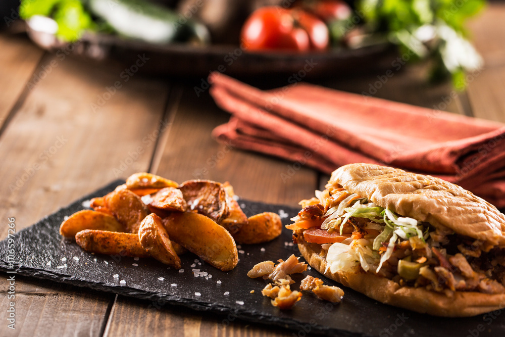 Chicken doner kebab with potatoes