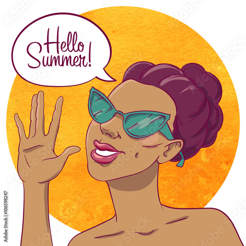 Hello summer. Portrait of a tanned girl in sunglasses.