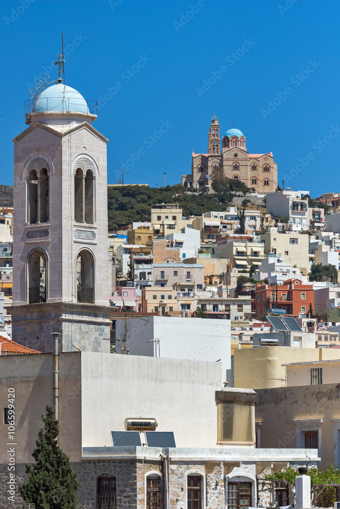Panorama with belfry of Churches in town of Ermopoli, Syros, Cyclades Islands, Greece 