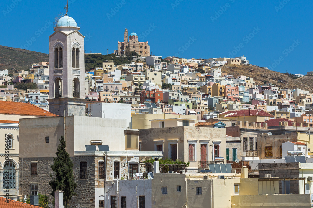 Panoramic view with belfry of Churches in town of Ermopoli, Syros, Cyclades Islands, Greece 