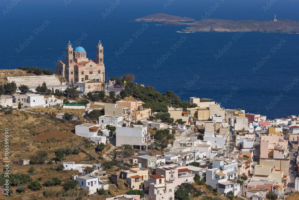 Amazing Panorama to Orthodox Anastaseos church, Ermopoli, Syros, Cyclades Islands, Greece 