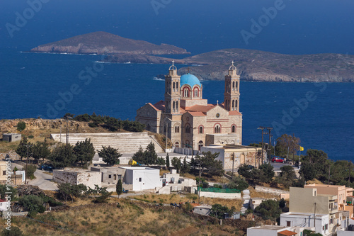 Orthodox Anastaseos church and panoramic view to Ermopoli, Syros, Cyclades Islands, Greece 