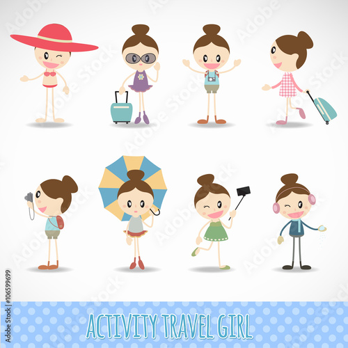 Action travel cute girl  activity set vector design photo