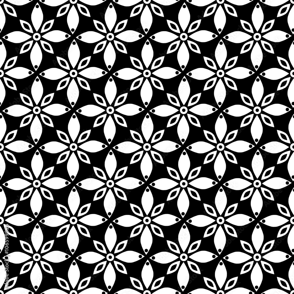 Seamless vector geometric pattern with flowers. Black and white background with decorative ornament . Series of Decorative and Ornamental Seamless Patterns.