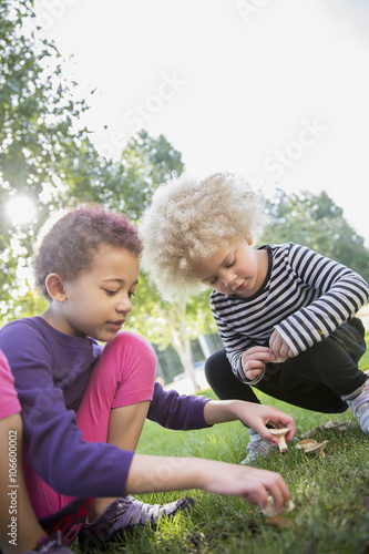 Mixed race sisters examining mushrooms outdoors photo