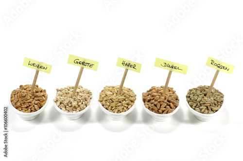 Getreidekörner mit deutscher Beschriftung in Keramikschalen isoliert auf weißem Hintergrund