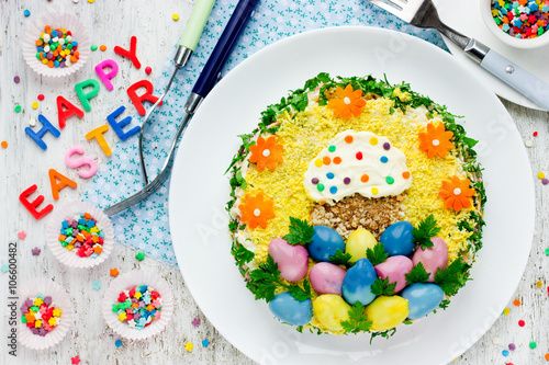 Traditional Easter salad beautifully and colorful decorated East