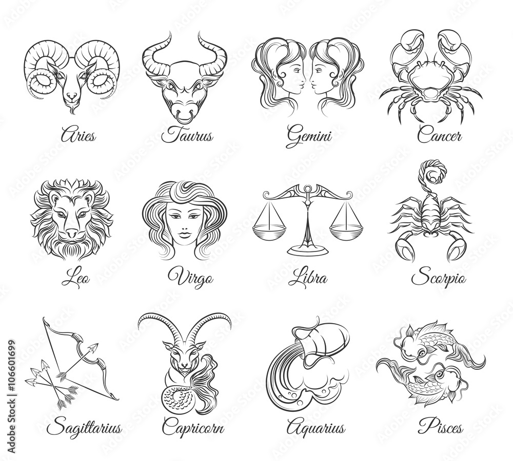 Zodiac graphic signs vector. Astrological zodiac symbols or zodiac icons