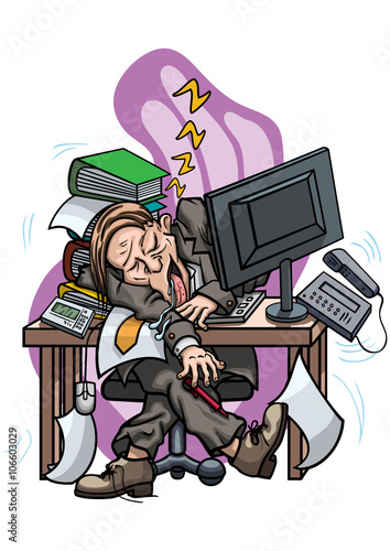 Exhausted employee sleeping at the office table with a computer. Cartoon man dressed in a costume. He is snoring