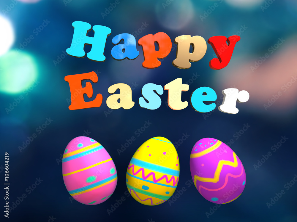 Happy Easter words with eggs on night light background Happy Easter words with eggs on night light background