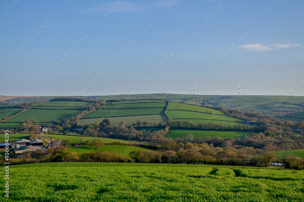 cornish hills, fields and farms in the morning 
Saint Wenn, Cornwall, England, United Kingdom