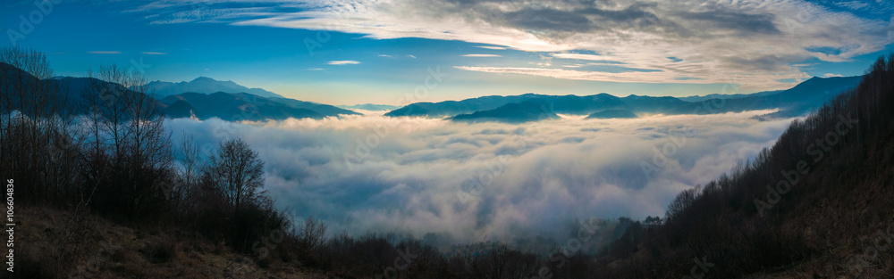 Rural landscape with low clouds panorama Rural landscape with low clouds panorama