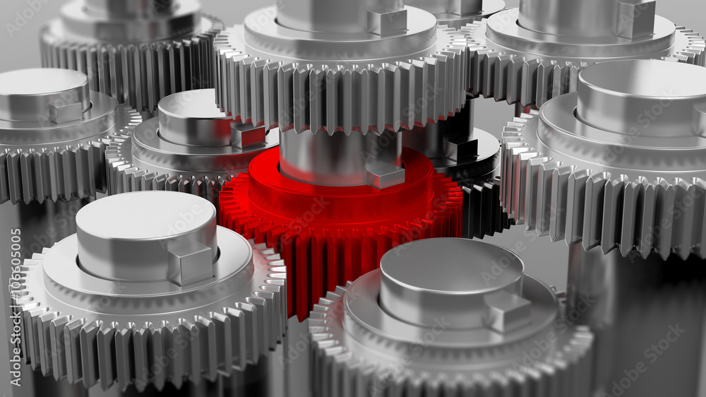 3D silver and red cogwheels closeup with depth of field 3D silver and red cogwheels closeup with depth of field