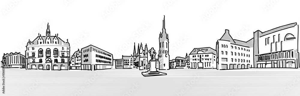 Halle Saale Marktplatz mit Händel Statue und Kirchentürmen