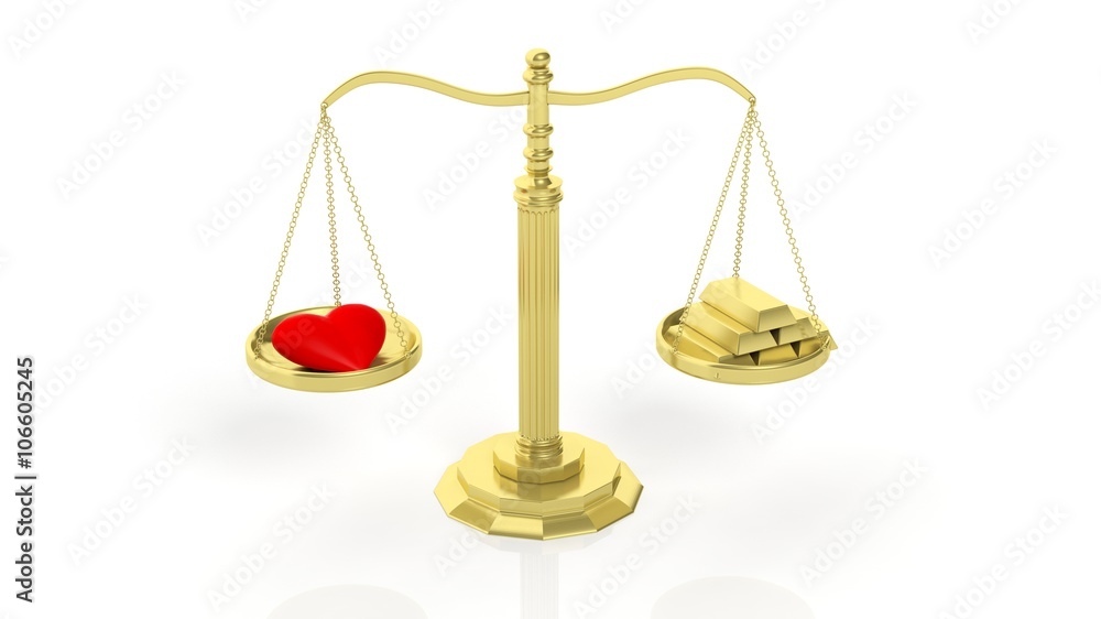 Balance scale with red heart and gold bars, isolated on white background. Balance scale with red heart and gold bars, isolated on white background.
