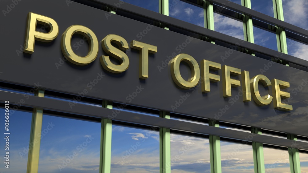 Obraz premium Post Office building sign closeup, with sky reflecting in the glass.