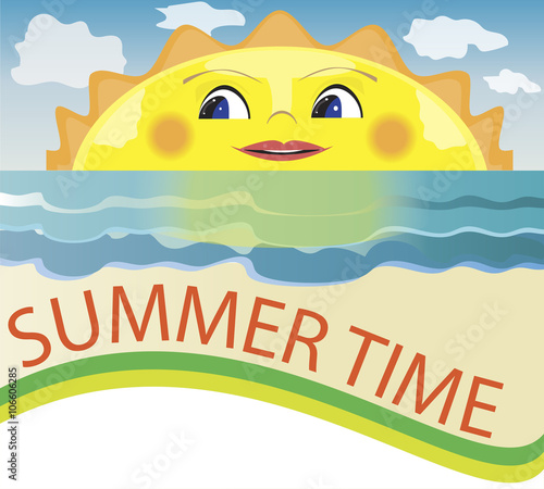 Summer background, peeking cartoon sun, smiling sun. Vector illustration.