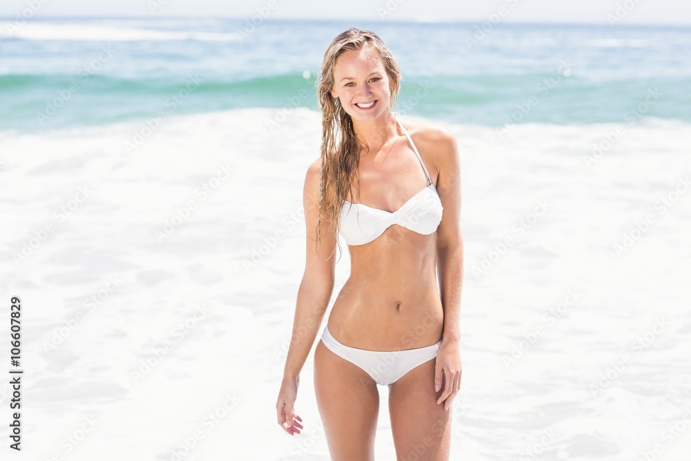 Portrait of pretty woman in bikini standing on the beach
