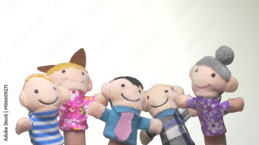 Wearing a hand with fingers on puppets, Family characters. Mother, father, grandmother, grandfather, kid. Wearing a hand with fingers on puppets, Family characters. Mother, father, grandmother, grandfather, kid.