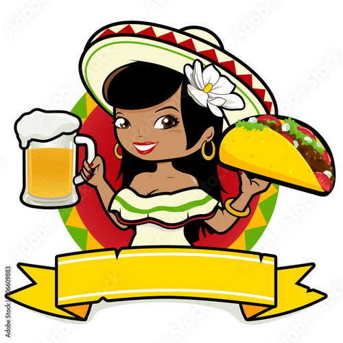 Banner with Mexican woman holding a cold beer and a taco. Vector illustration
