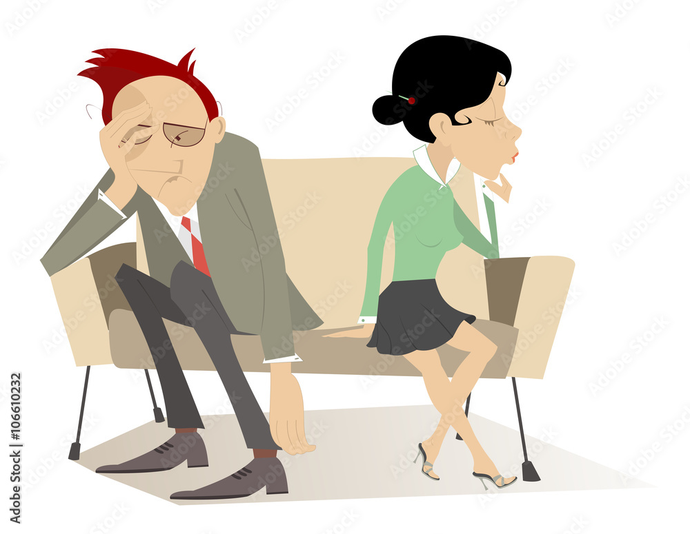 Obraz premium Disappointment. Man and woman in low spirits sit on the contrary edges of the sofa 