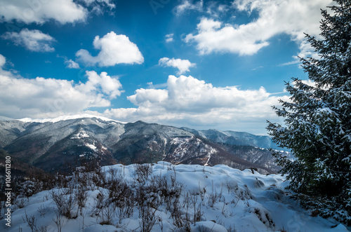 Panoramic view of beautiful mountain landscape in spring. Springtime in mountains.