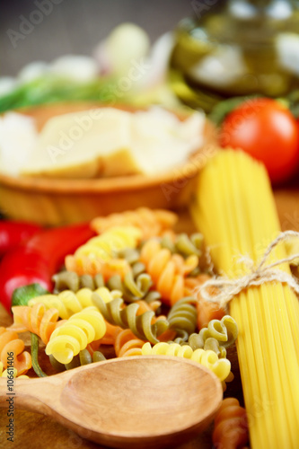 Different kinds of raw pasta on the table