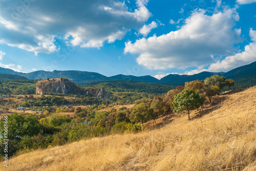 Landscape in Crimean mountains near Red rock - a place for rock-climbers gathering