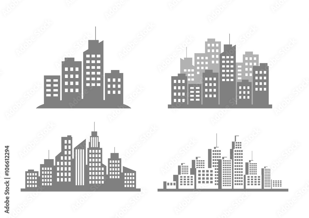 Grey city icons on white background