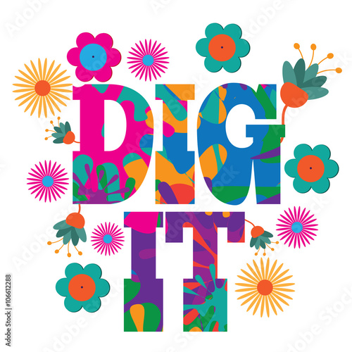 Sixties style mod pop art psychedelic colorful Dig it  text design.