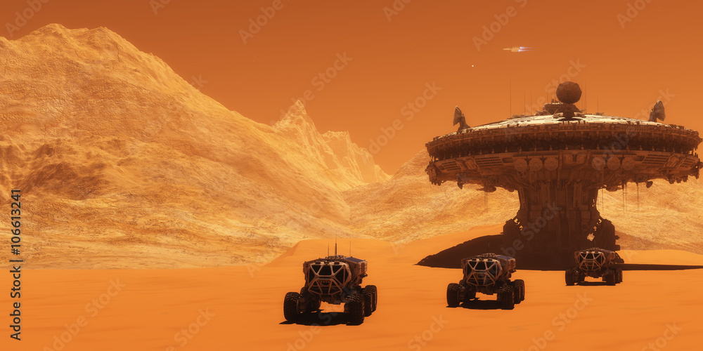 Mars Outpost - A spacecraft takes off from Mars to return to Earth as all-terrain vehicles embark on an exploratory mission. Mars Outpost - A spacecraft takes off from Mars to return to Earth as all-terrain vehicles embark on an exploratory mission.