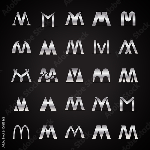 M Letters Icons Set-Isolated On Black Background-Vector Illustration
