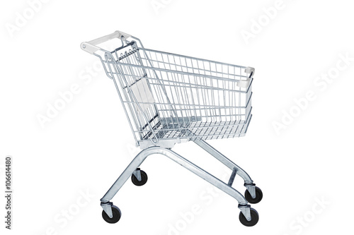 Shopping cart in marketing shop isolated on white background