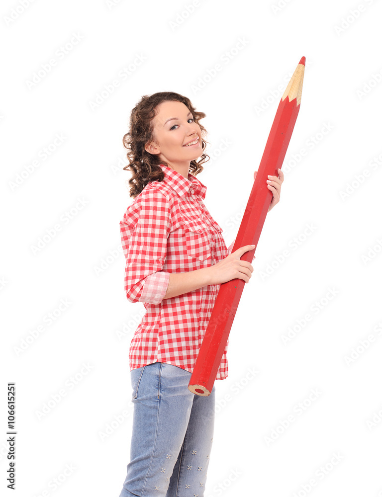 young attractive woman with huge red pencil young attractive woman with huge red pencil