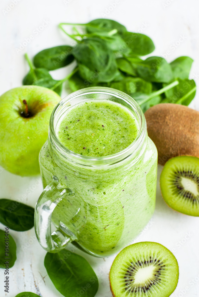 Healthy green smoothie in jar. Healthy green smoothie in jar.