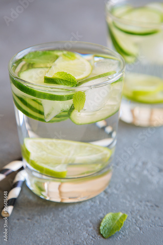 Infused water with cucumber lime and mint in a glass
