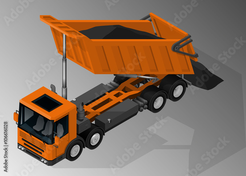 Vector isometric illustration of dump truck dumped of rocks. Equipment for the construction industry.