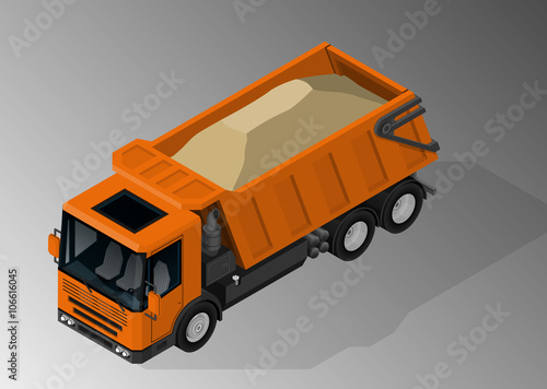 Vector isometric illustration of dump truck loaded with sand. Equipment for the construction industry.