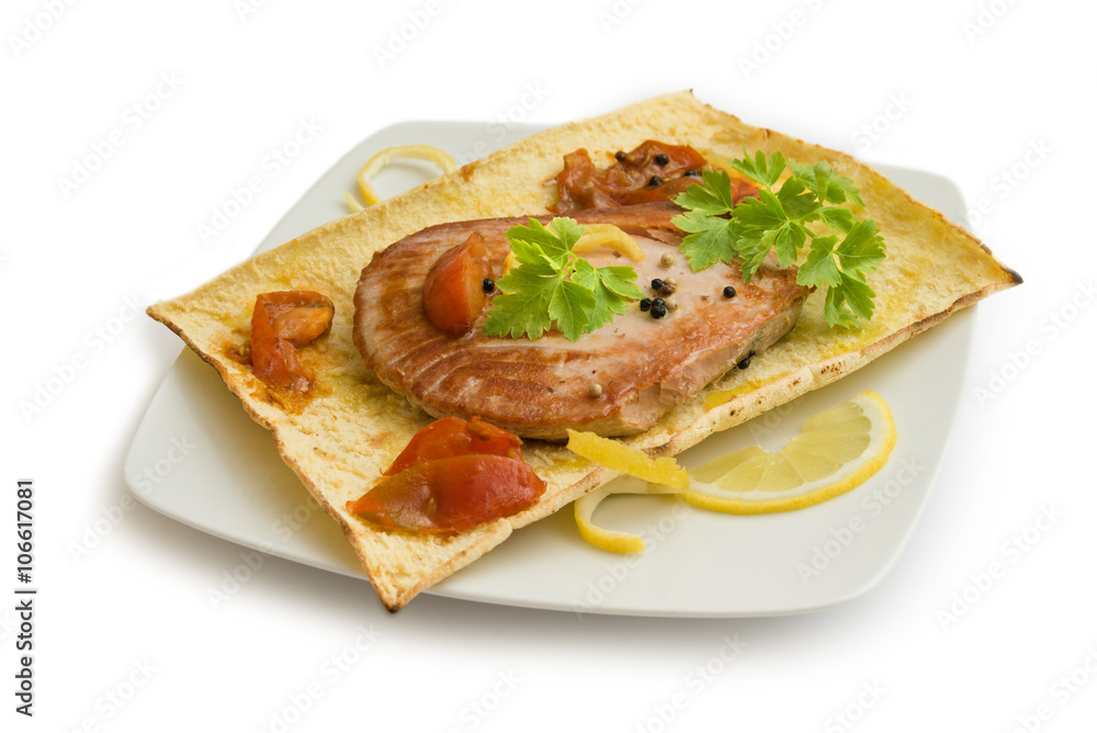 Trancio di tonno cotto, cooked salmon steak Trancio di tonno cotto, cooked salmon steak