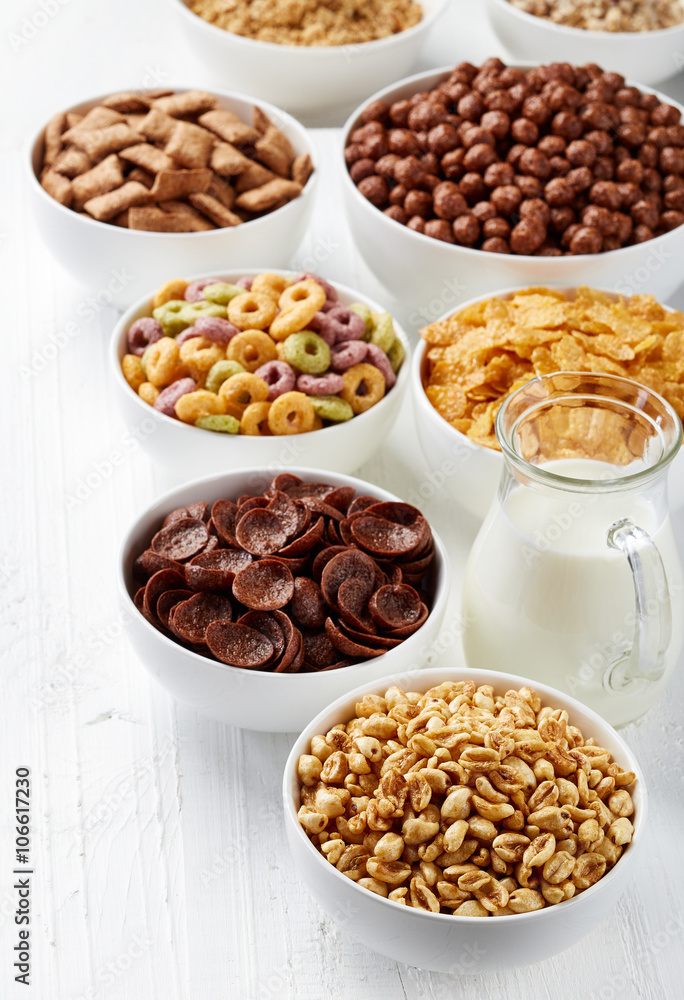 Bowls of various cereals Bowls of various cereals