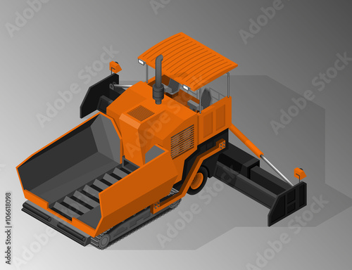 Vector isometric illustration of asphalt paver. Equipment for the construction industry.