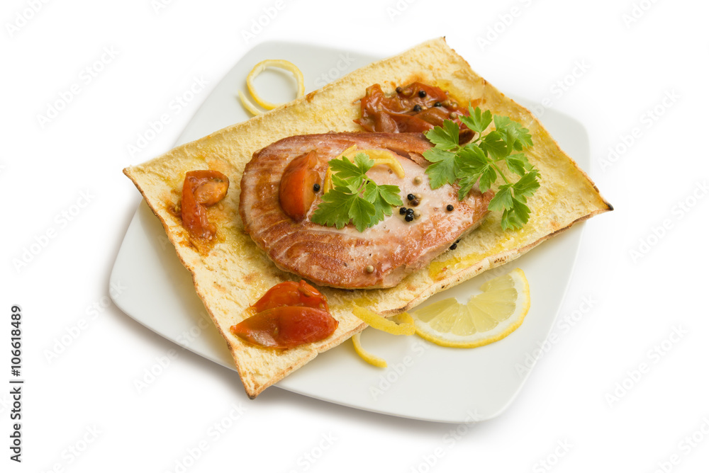Trancio di tonno cotto, cooked salmon steak Trancio di tonno cotto, cooked salmon steak