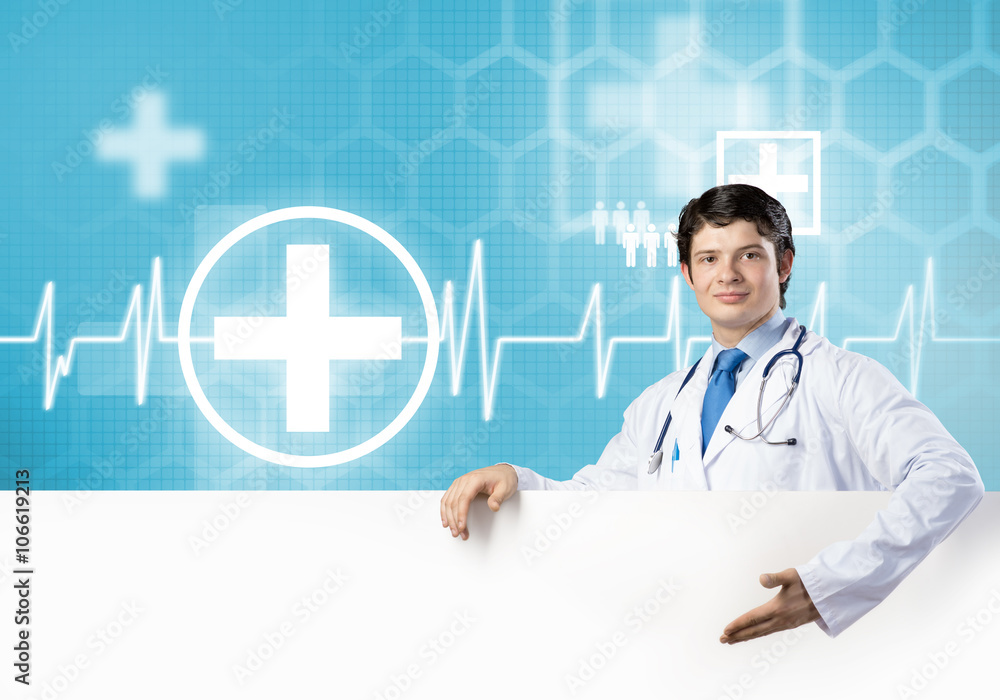 Doctor with banner Doctor with banner