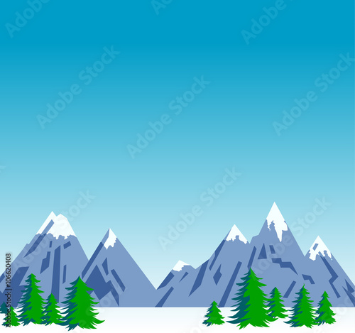 stylized flat mountains, christmas trees and blue sky