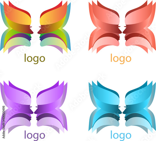 Two female faces mirror images of each other in front of a butterfly semiabstract