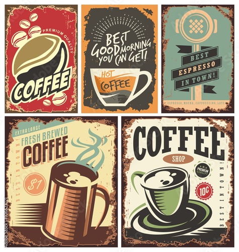 Set of retro coffee tin signs and posters